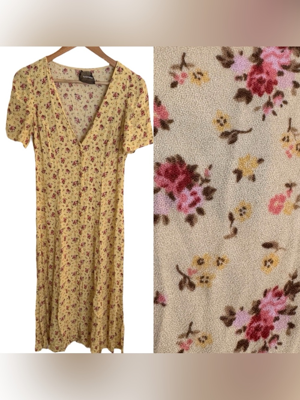 Reformation Locklin Yellow Floral V-Neck Midi Dress short sleeve button front